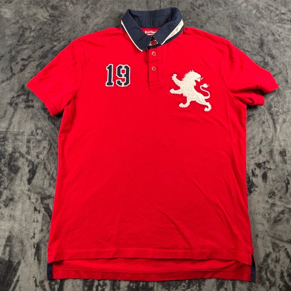 Express Pique Polo Mens Large Red Lion Logo Patch Modern Fit Short Sleeve